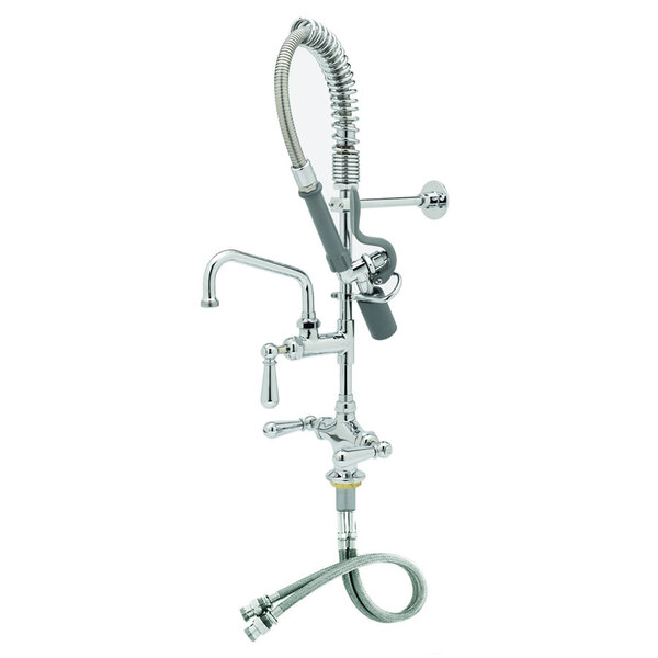 A chrome T&S pre-rinse faucet with a hose and club handles.