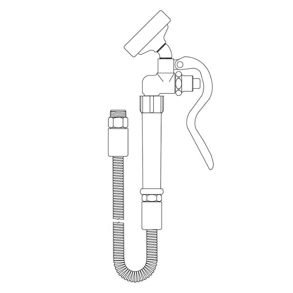 A drawing of a T&S stainless steel pet grooming hose with an angle spray valve.