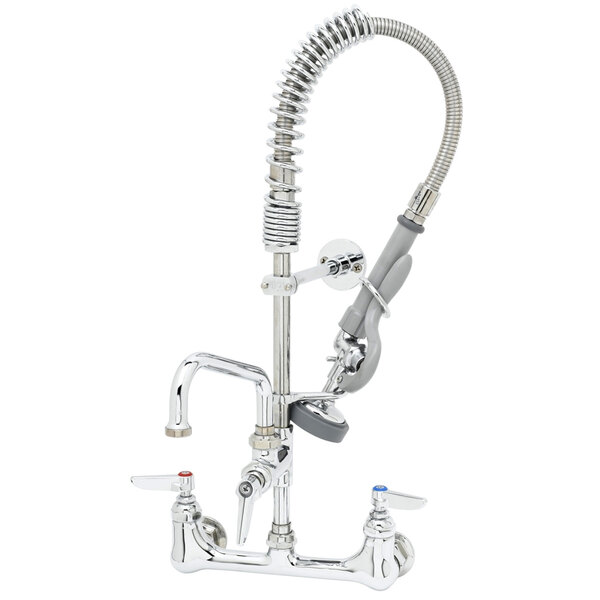 A chrome T&S pre-rinse faucet with a hose.