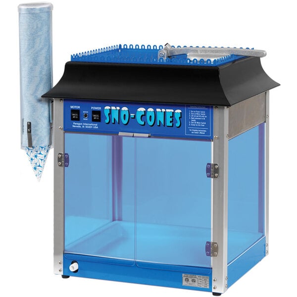 A Paragon Sno-Storm snow cone machine with an antique blue top and lid.