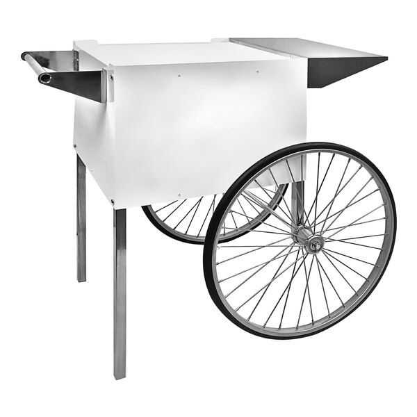 A white metal cart with wheels and a white box on it.