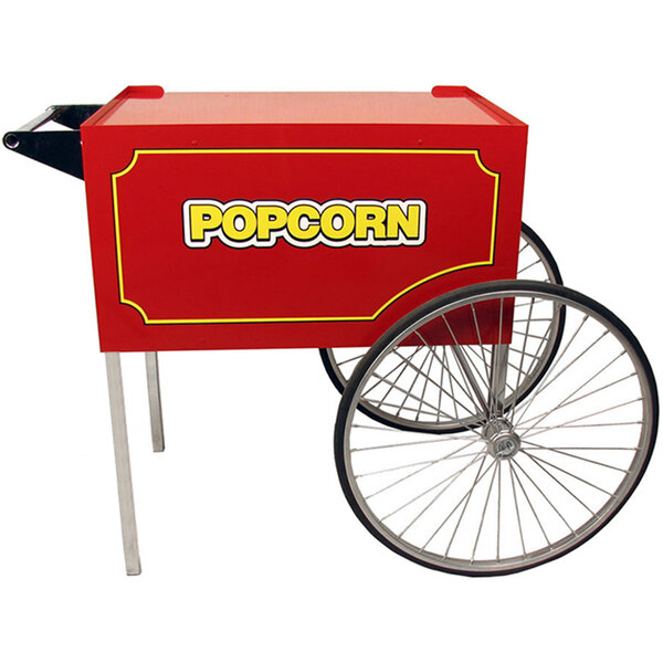 A red Paragon popcorn cart with a wheel.