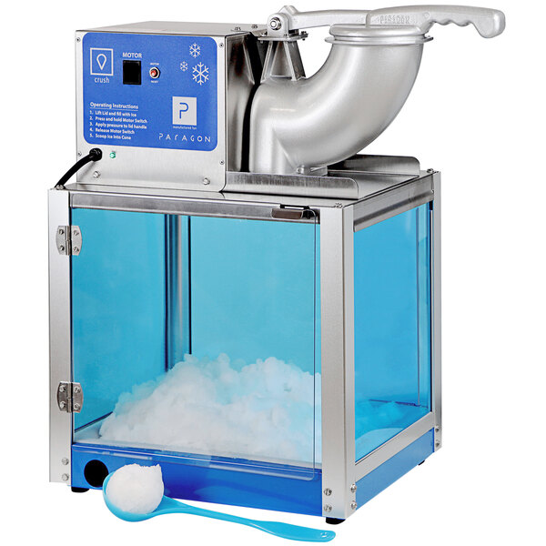 A Paragon Arctic Blast Snow Cone Machine with a blue container and spoon.