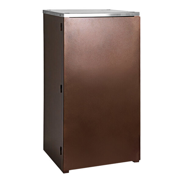 A brown metal rectangular stand with a door.
