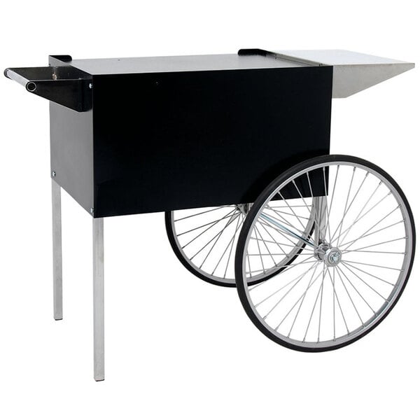 A black and silver Paragon popcorn cart with wheels.