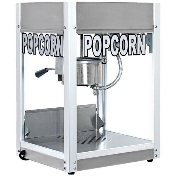 A Paragon Professional Series popcorn machine with a silver base and white top.