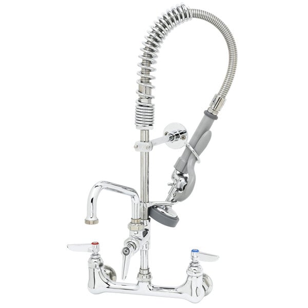 A T&S chrome wall mounted pre-rinse faucet with a hose.