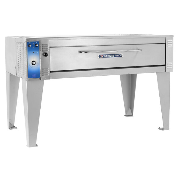 A large stainless steel Bakers Pride electric pizza oven on legs.