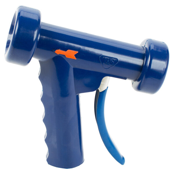 A blue plastic T&S water gun with orange accents.