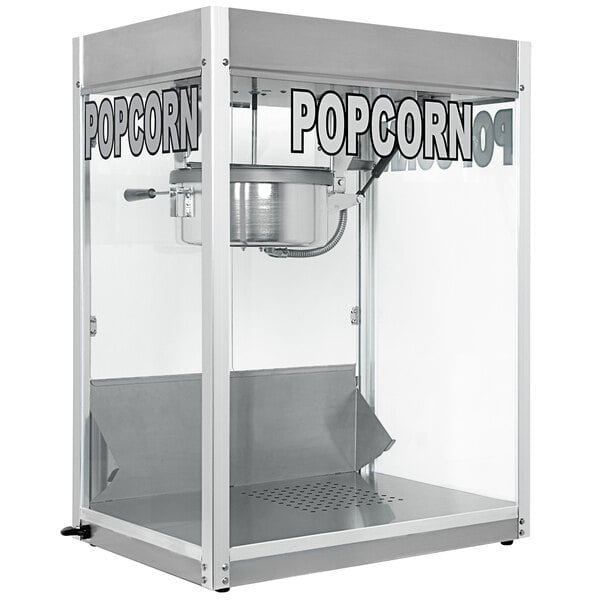 A white and silver Paragon popcorn machine with a glass door.
