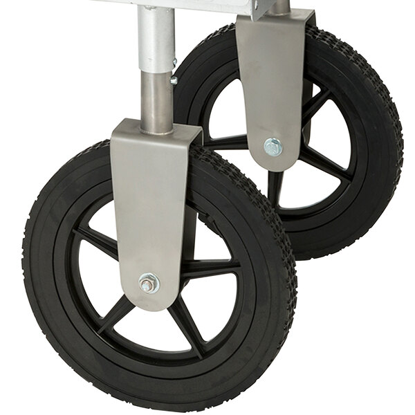 A pair of MagiKitch'n stainless steel wheels with black tires.