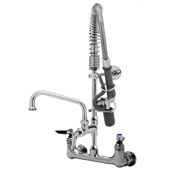 A T&S chrome wall mounted pre-rinse faucet with a hose attached.