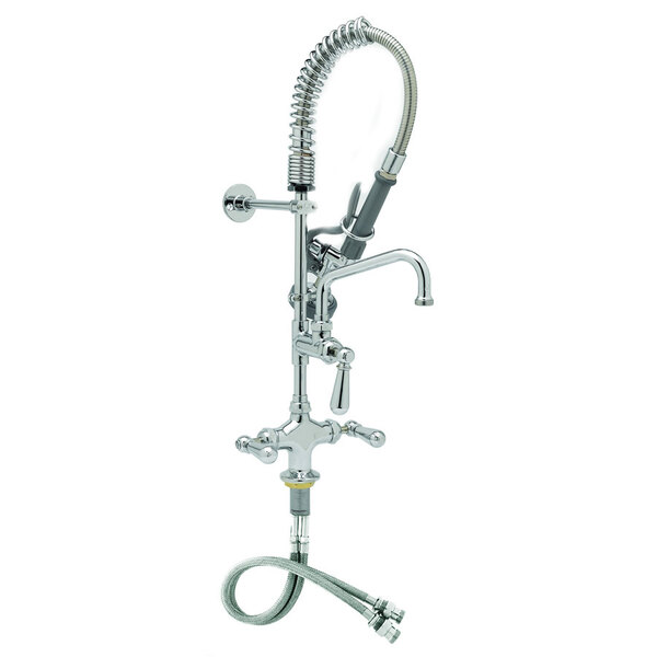 A chrome T&S mini pre-rinse faucet with a hose attached.