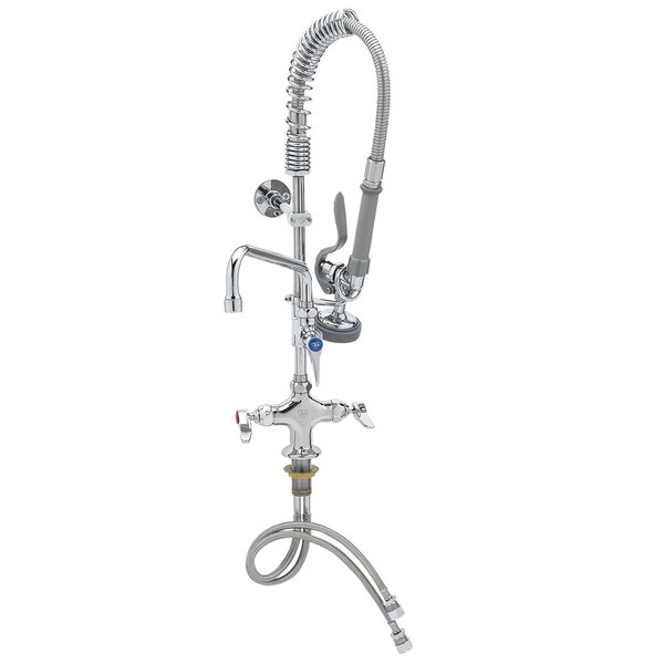 A chrome T&S mini pre-rinse faucet with hoses and a sprayer.