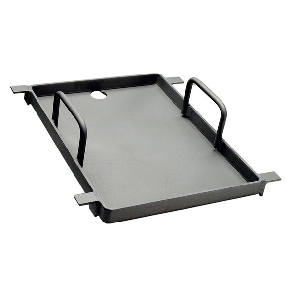 A metal tray with black handles.