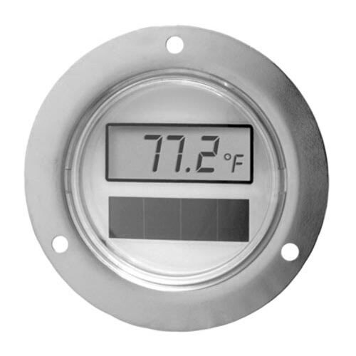 A circular white digital thermometer display with the number 2.