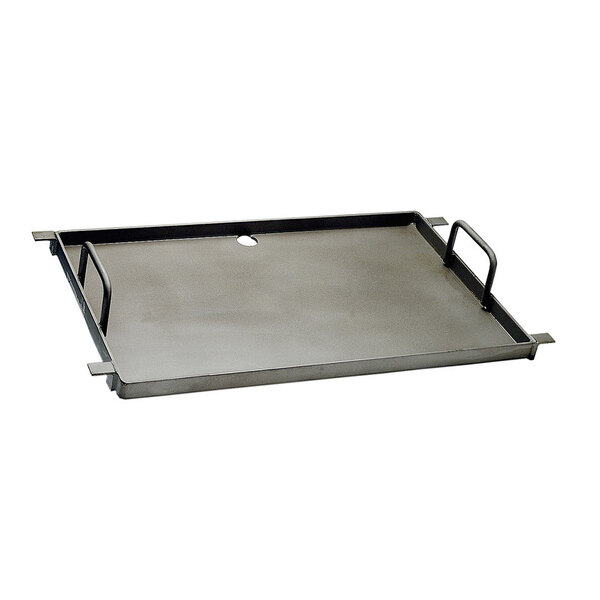 A rectangular metal tray with handles.