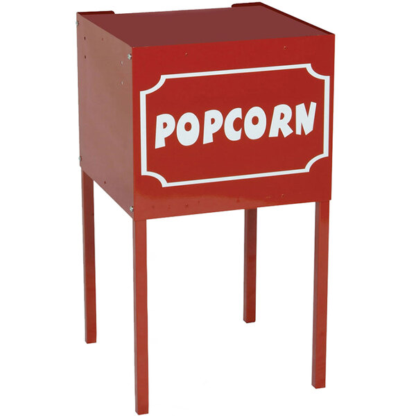 A red Paragon Thrifty Popcorn Popper stand with white text on it.