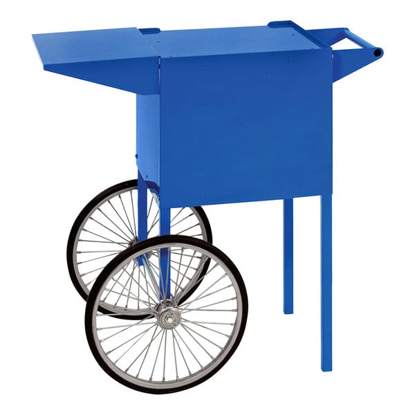 A blue Paragon snow cone cart with wheels and a handle.