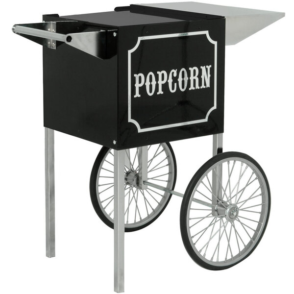 A black and chrome Paragon popcorn cart with wheels.