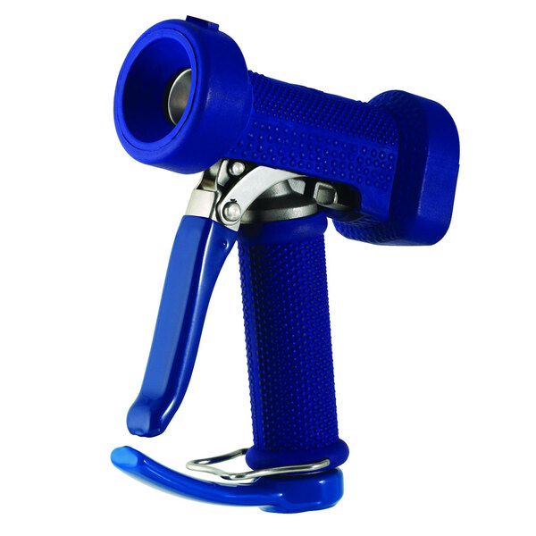A T&S stainless steel pre-rinse spray valve with a blue rubber cover on the handle.