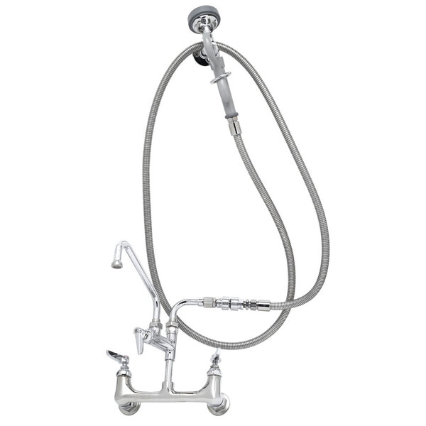A silver T&S wall mount pet grooming faucet with a hose.