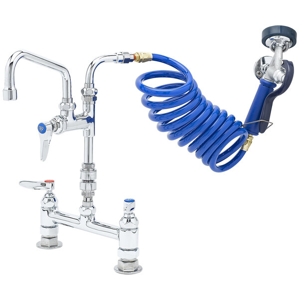 A T&S pet grooming faucet with a blue coiled hose attached to it.