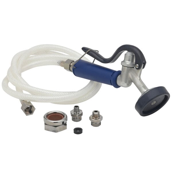 A T&S pet grooming spray valve with a blue handle on a water hose.
