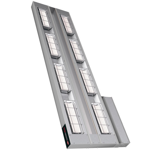 A long metal rectangular Hatco strip warmer with many windows.