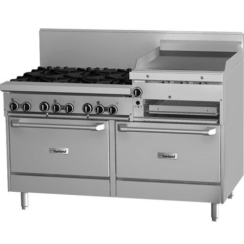 A stainless steel Garland commercial gas range with six burners, a griddle, and two ovens.