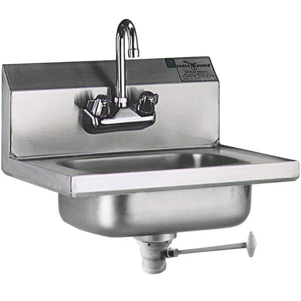 A stainless steel Eagle Group hand sink with a gooseneck faucet and a polymer lever drain.