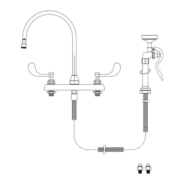 A drawing of a T&S deck mounted pet grooming faucet with two lever handles.