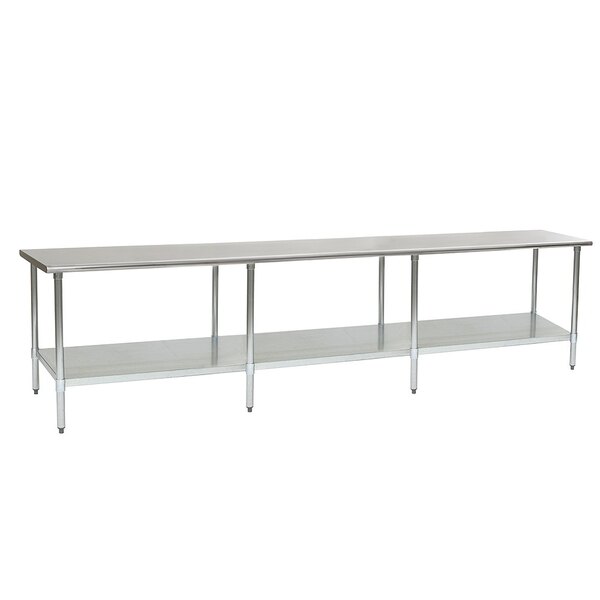 A long metal stainless steel work table with a galvanized undershelf.