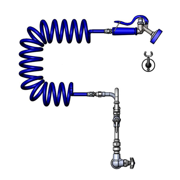 A blue hose attached to a silver and blue pipe.