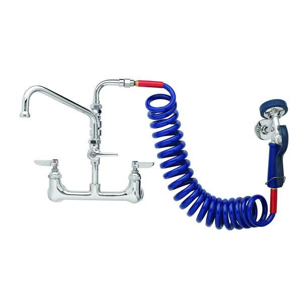 A T&S wall mount pet grooming faucet with a blue coiled hose and blue handle.