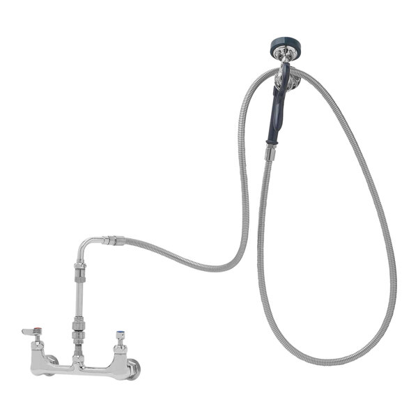 A T&S white wall mount faucet with a hose and angled spray valve.