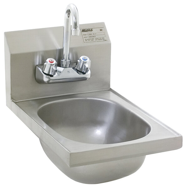 A stainless steel Eagle Group hand sink with a splash mount gooseneck faucet.