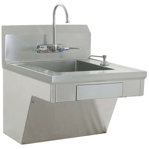 A stainless steel Eagle Group hand sink with a gooseneck faucet and skirt.