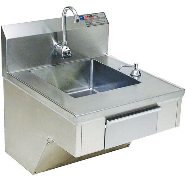 A stainless steel Eagle Group hand sink with a gooseneck faucet.