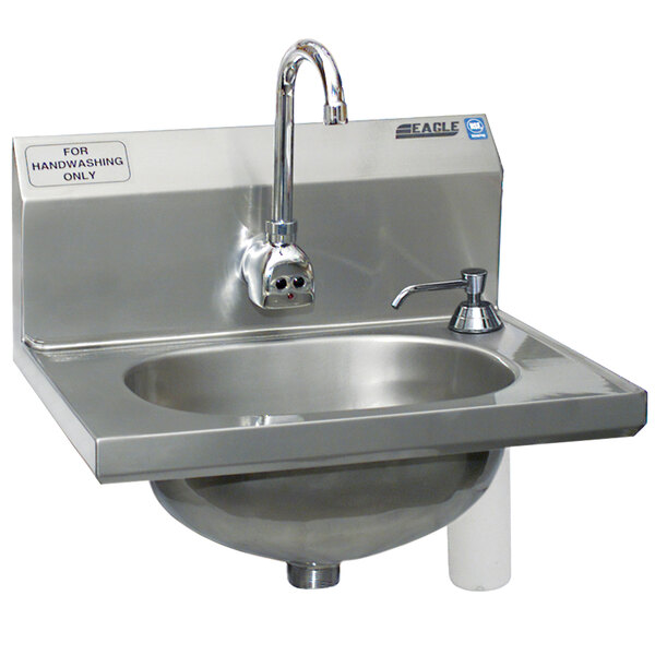 A stainless steel Eagle Group hand sink with faucet and soap dispenser.