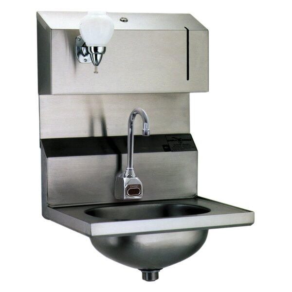 A stainless steel Eagle Group MicroGard hand sink with faucet and soap dispenser.