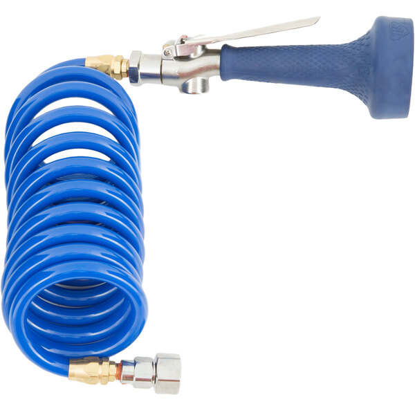 A blue hose with a metal nozzle and a handle.