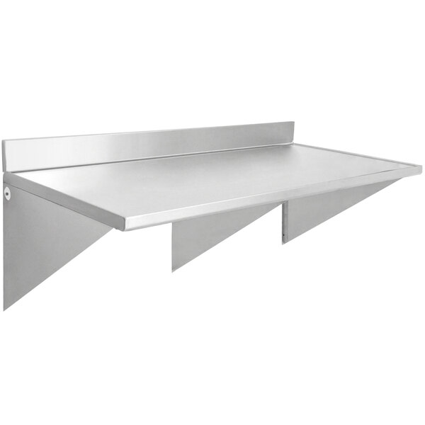 A stainless steel wall mounted table with a backsplash.