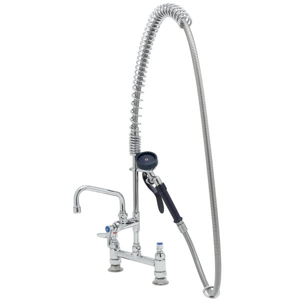 A T&S chrome pet grooming faucet with hose and sprayer.