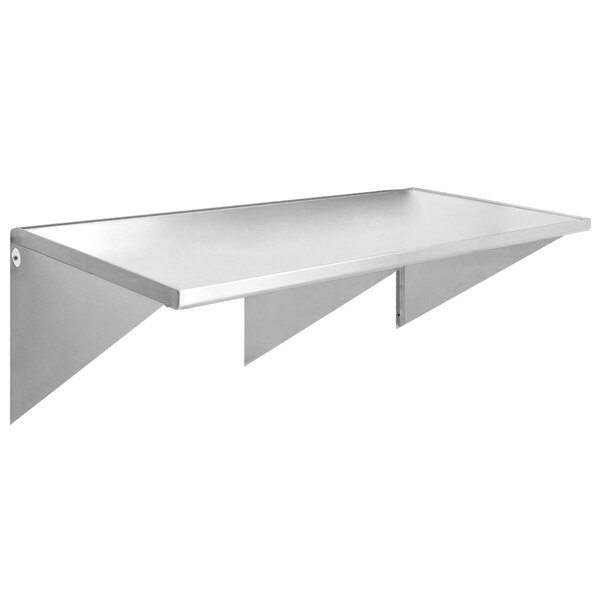 A silver Eagle Group stainless steel wall mounted table with triangular corners.