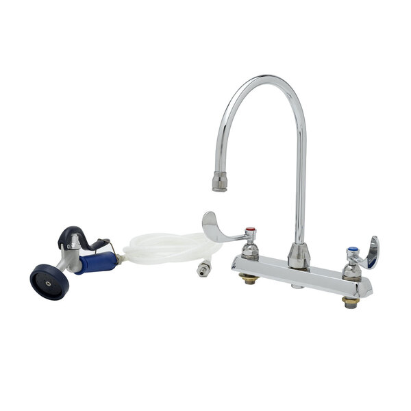 A white T&S deck mount pet grooming faucet with a gooseneck and angled spray valve, with hoses attached.