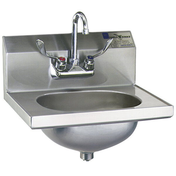 A stainless steel Eagle Group hand sink with a gooseneck faucet and wrist action handles.