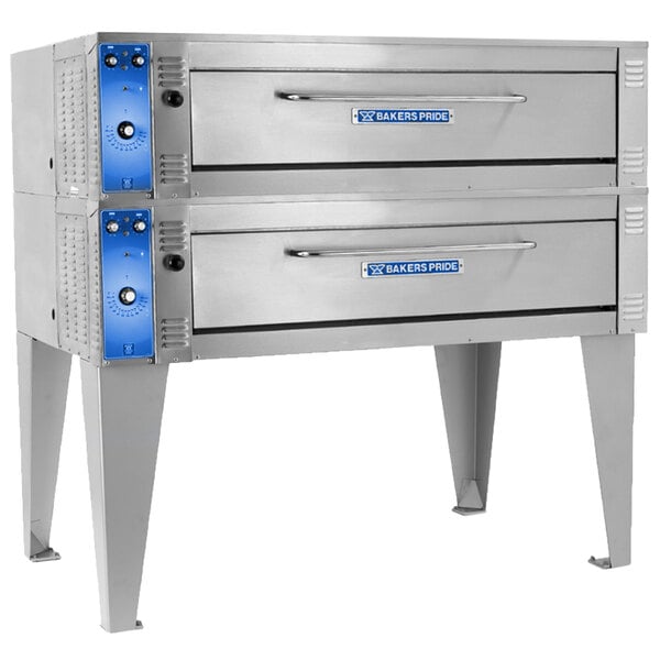 A Bakers Pride double deck electric oven with blue handles.