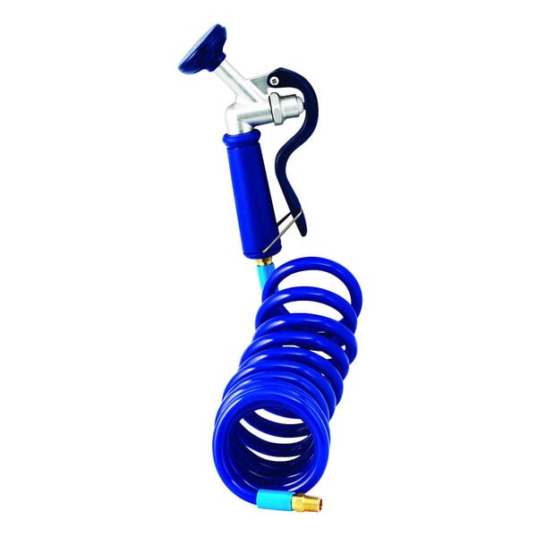 A blue coiled hose with a silver T&S angled spray valve attached.