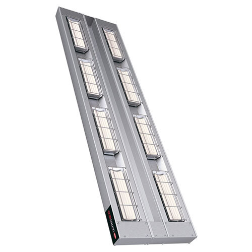 A long metal rectangular light fixture with many small cells containing four lights.
